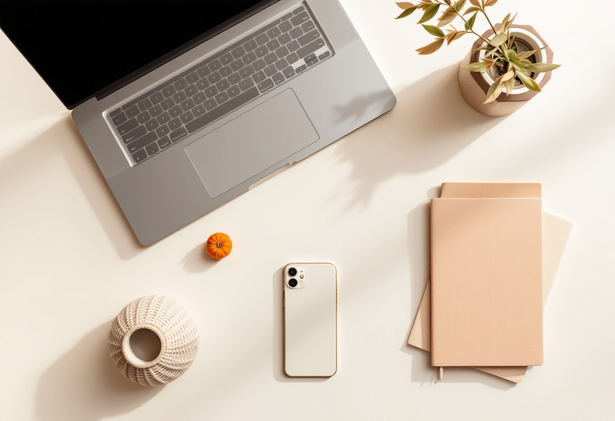 A minimal studio flat-lay of devices and tools on warm paper