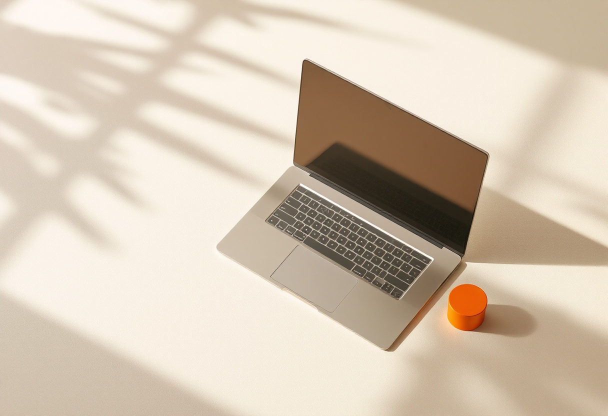 Revuyx: a laptop on a warm paper surface in soft daylight