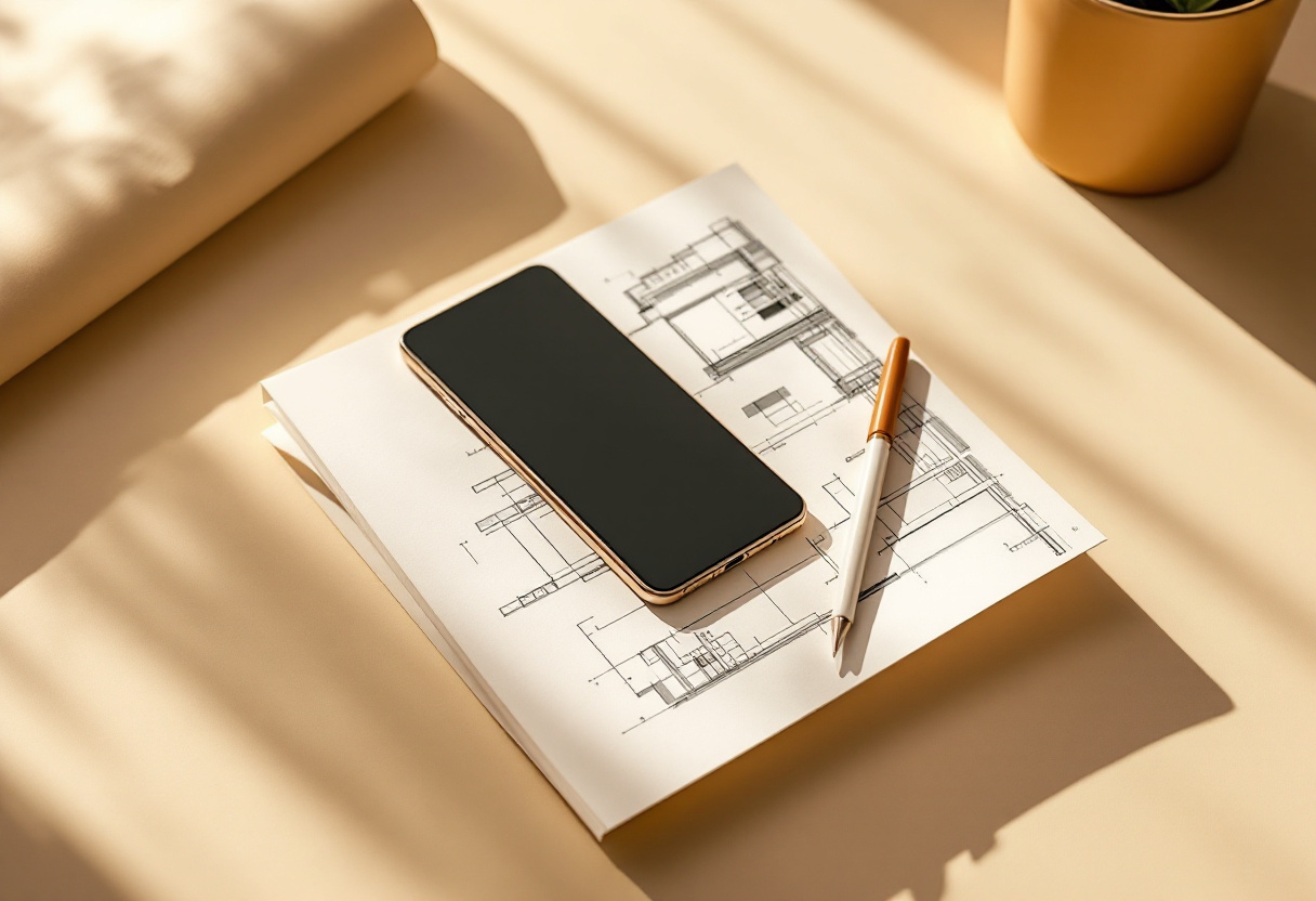Xtimo AI: a phone resting on architectural drawings in warm light